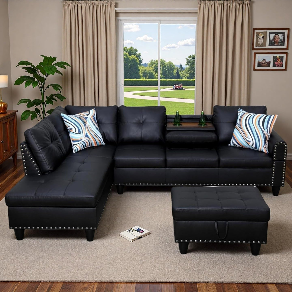 RH Furniture Outlet 97.5 Inch L Shaped Modular Sectional Couch Set with Storage Ottoman 4 Seat Leather Sofa Chaise Living Room Apartment