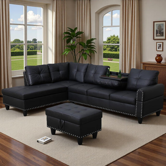 RH Furniture Outlet 97.5 Inch L Shaped Modular Sectional Couch Set with Storage Ottoman 4 Seat Leather Sofa Chaise Living Room Apartment