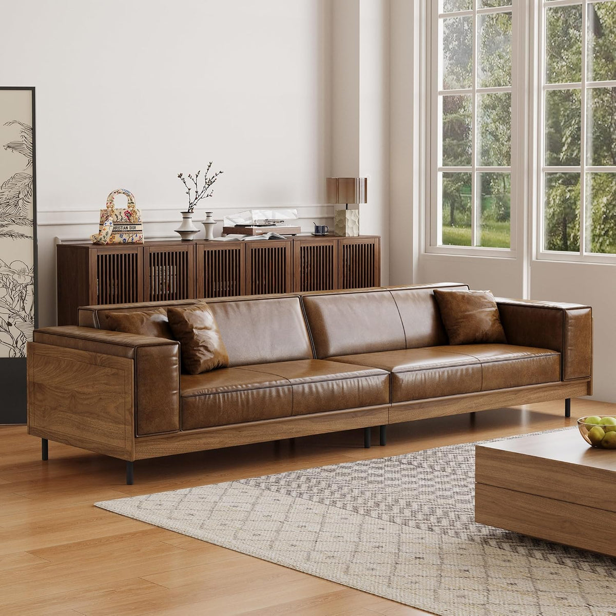RH Furniture Outlet Modern Leather Sofa 111.81 Inch 3 Seat Couch with Wooden Accents Spacious