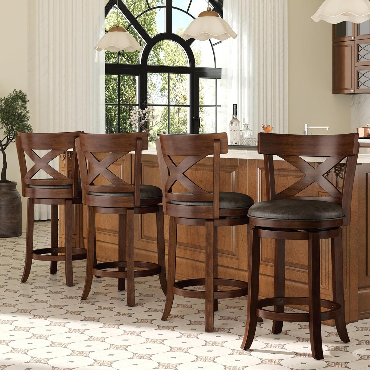 RH Furniture Outlet 26 Inch Swivel Counter Height Bar Stools Set of 4 with Faux Leather Seat
