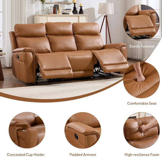 RH Furniture Outlet 3 Seater Recliner Sofa Manual Faux Leather Reclining Couch with Cup Holder