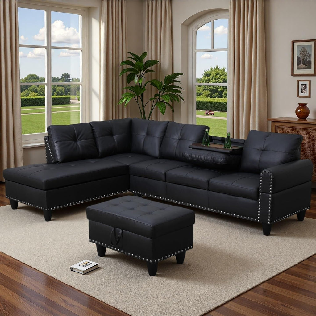 RH Furniture Outlet 97.5 Inch L Shaped Modular Sectional Couch Set with Storage Ottoman 4 Seat Leather Sofa Chaise Living Room Apartment