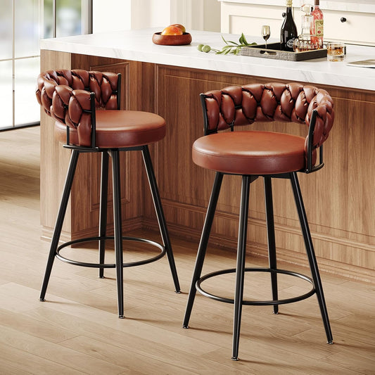 RH Furniture Outlet Faux Leather Barstools with Woven Back Support & Heavy Duty Metal Legs