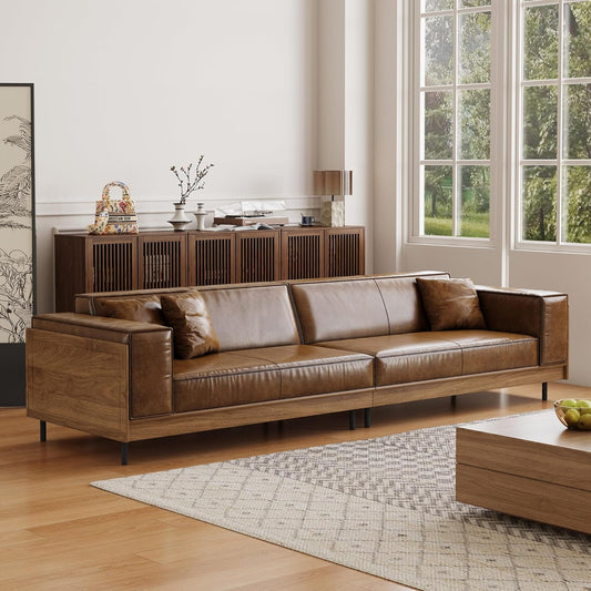 RH Furniture Outlet Modern Leather Sofa 111.81 Inch 3 Seat Couch with Wooden Accents Spacious