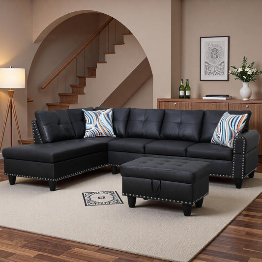 RH Furniture Outlet 97.5 Inch L Shaped Modular Sectional Couch Set with Storage Ottoman 4 Seat Leather Sofa Chaise Living Room Apartment