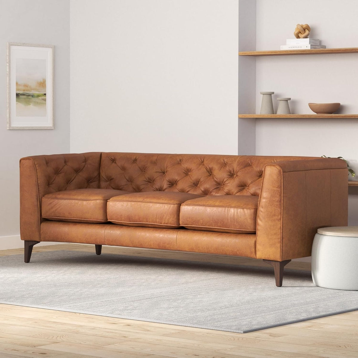 RH Furniture Outlet Full Grain Italian Leather Sofa Tufted Back Feather Down Comfort Solid Wood